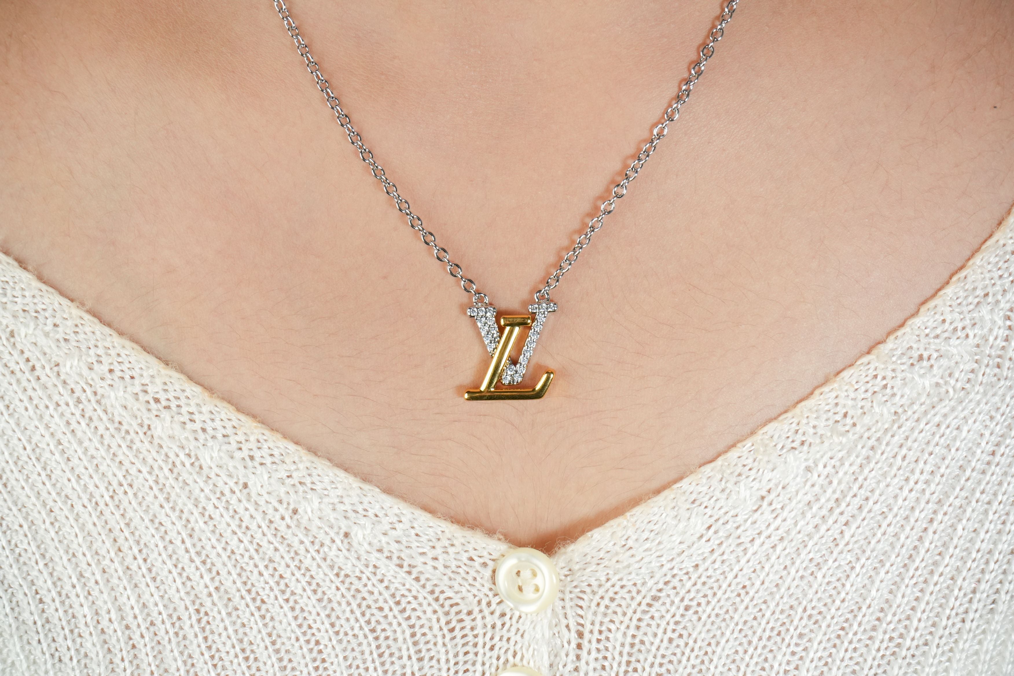 Alphabet L V Platinum Chain with Dual Plated Logo in CZ | Designer Necklace