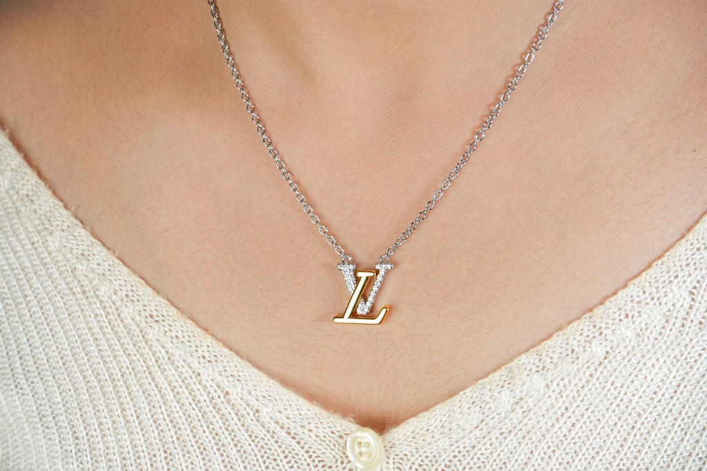 Alphabet L V Platinum Chain with Dual Plated Logo in CZ | Designer Necklace