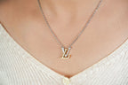 Alphabet L V Platinum Chain with Dual Plated Logo in CZ | Designer Necklace