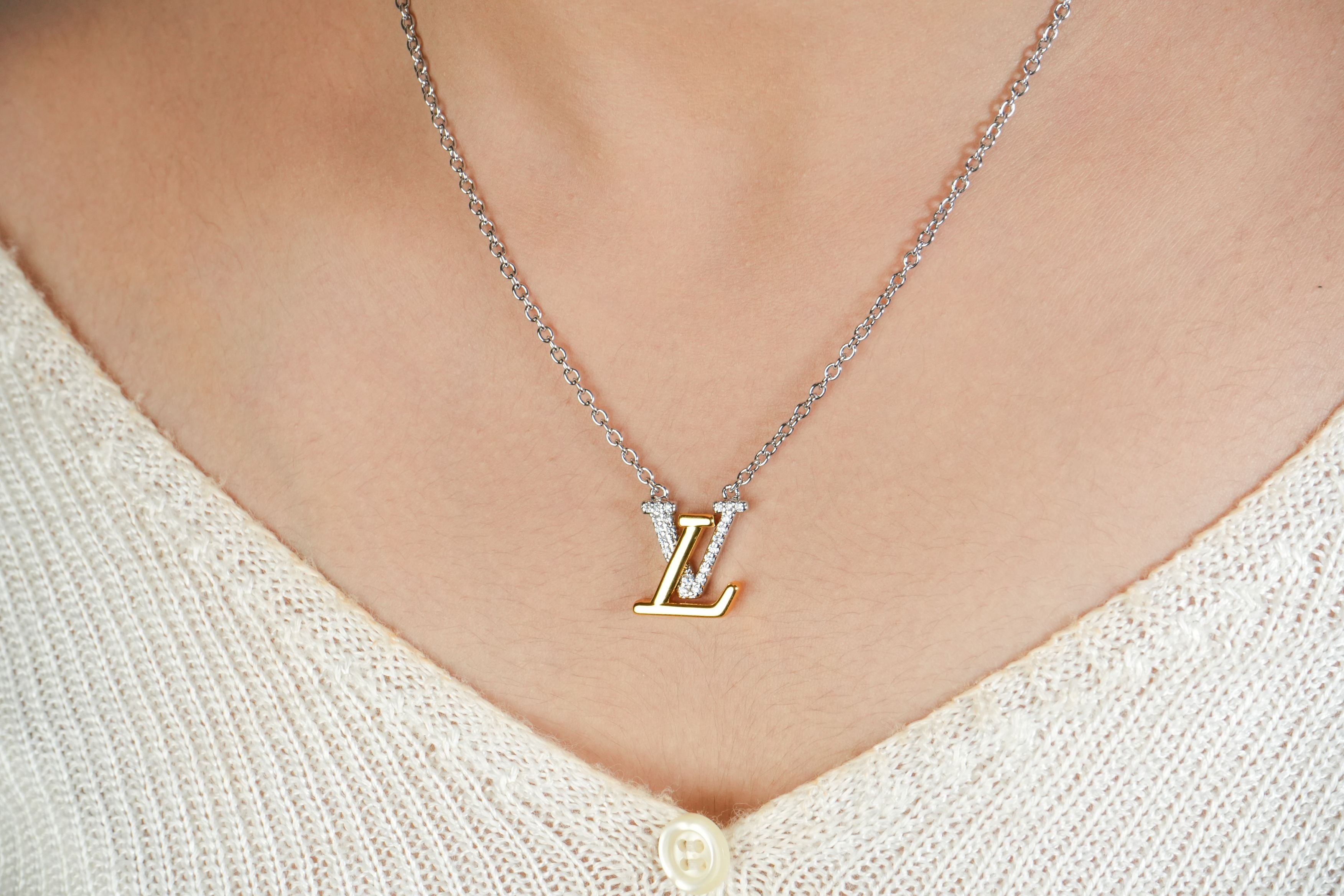 Alphabet L V Platinum Chain with Dual Plated Logo in CZ | Designer Necklace