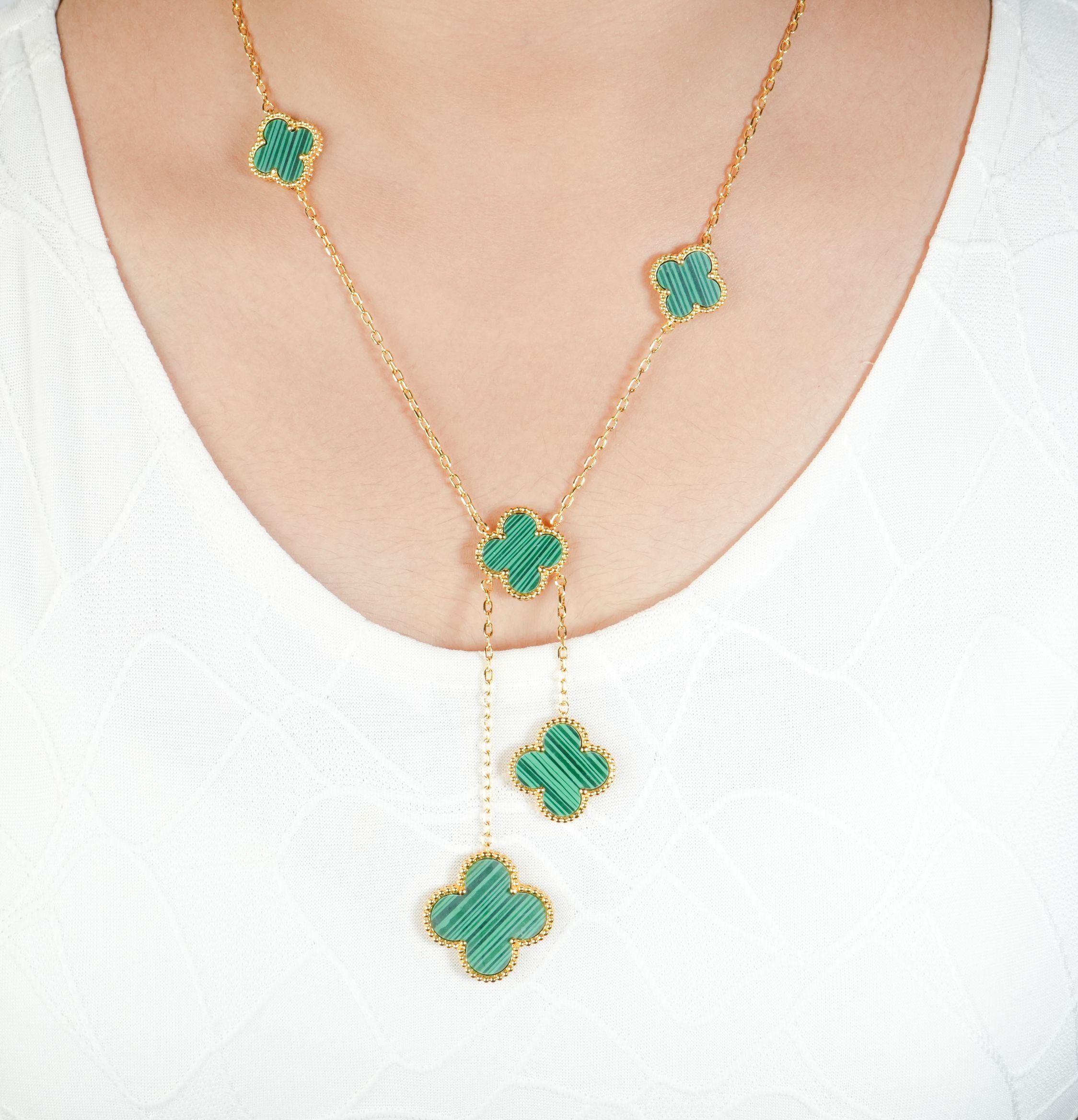 Alphabet VCA 5 Petal Gold Chain in Green Malachite | Luxury Fashion Necklace