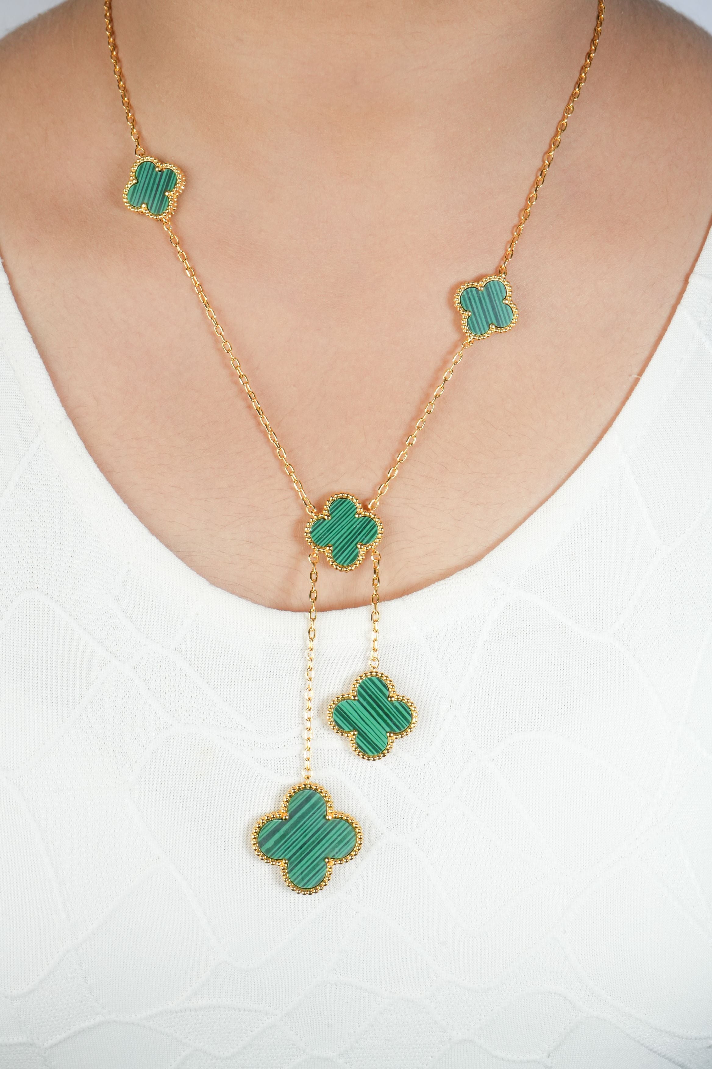 Alphabet VCA 5 Petal Gold Chain in Green Malachite | Luxury Fashion Necklace