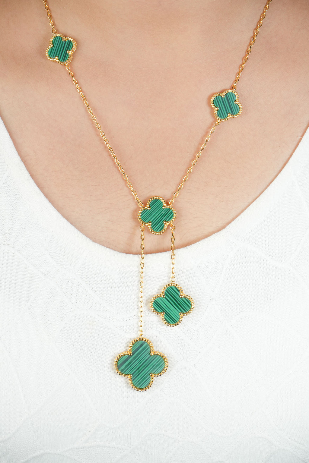 Alphabet VCA 5 Petal Gold Chain in Green Malachite | Luxury Fashion Necklace
