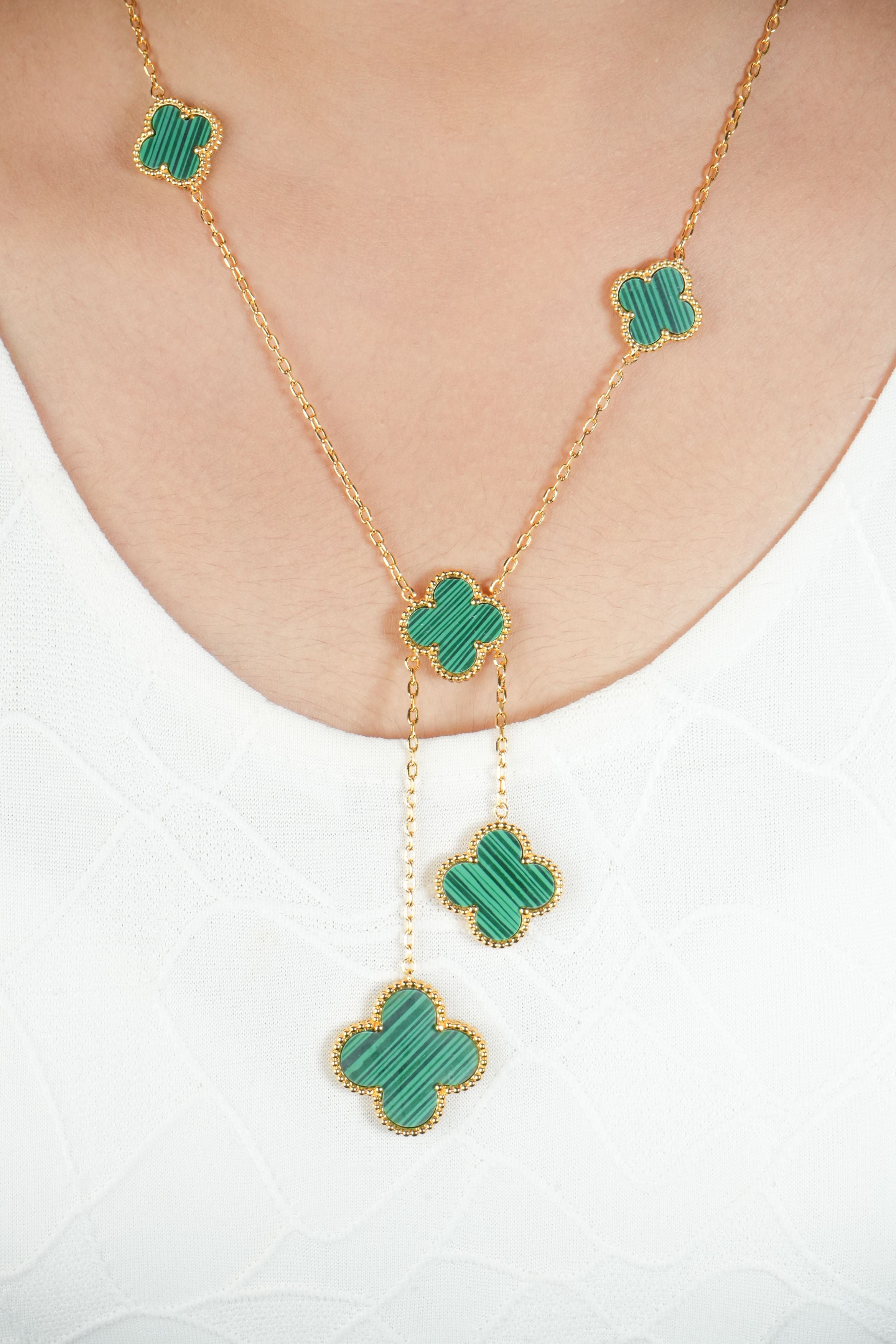 Alphabet VCA 5 Petal Gold Chain in Green Malachite | Luxury Fashion Necklace