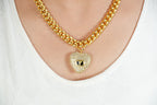 Alphabet V Chunky Gold Chain with Heart Motif in CZ | Statement Necklace