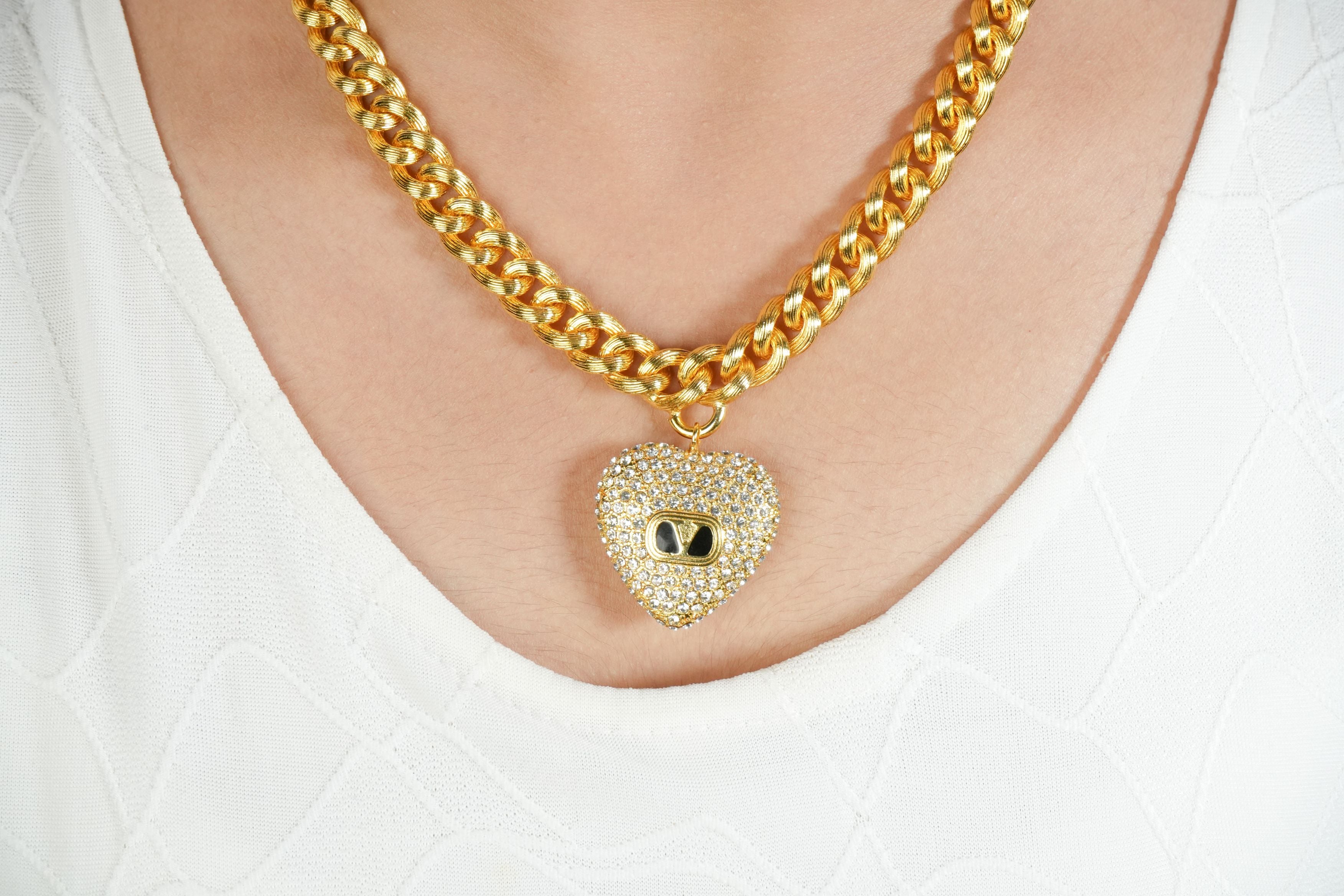 Alphabet V Chunky Gold Chain with Heart Motif in CZ | Statement Necklace