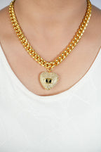 Alphabet V Chunky Gold Chain with Heart Motif in CZ | Statement Necklace