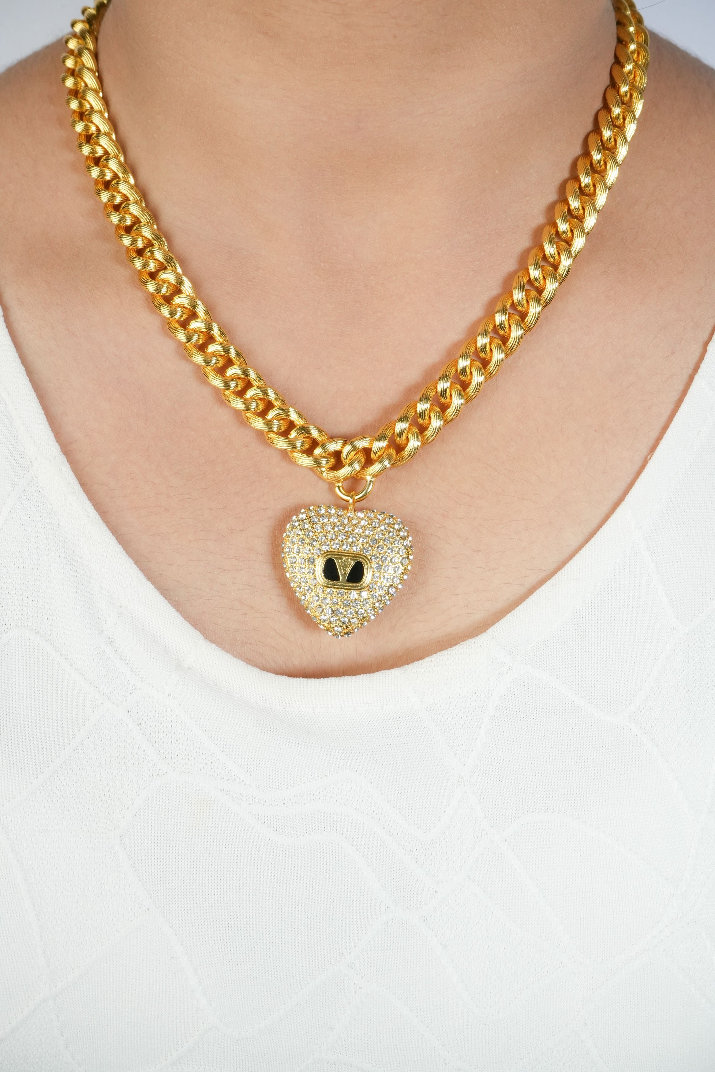 Alphabet V Chunky Gold Chain with Heart Motif in CZ | Statement Necklace