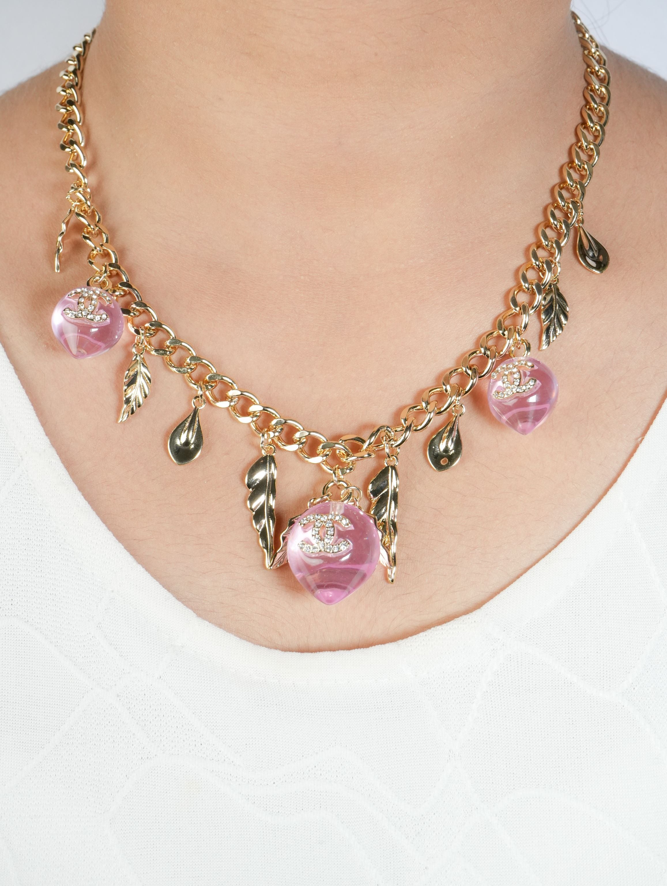 Double C Pink Drop Feather Charms Link Chain in Pale Gold | Luxury Fashion Necklace