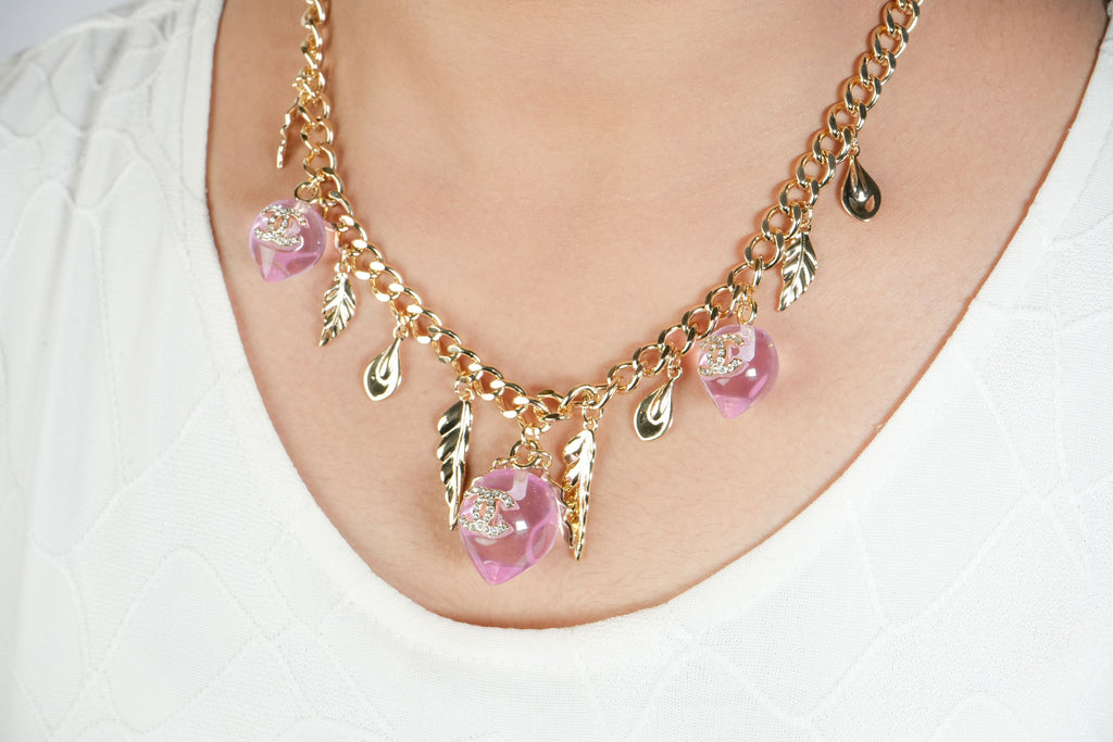 Double C Pink Drop Feather Charms Link Chain in Pale Gold | Luxury Fashion Necklace