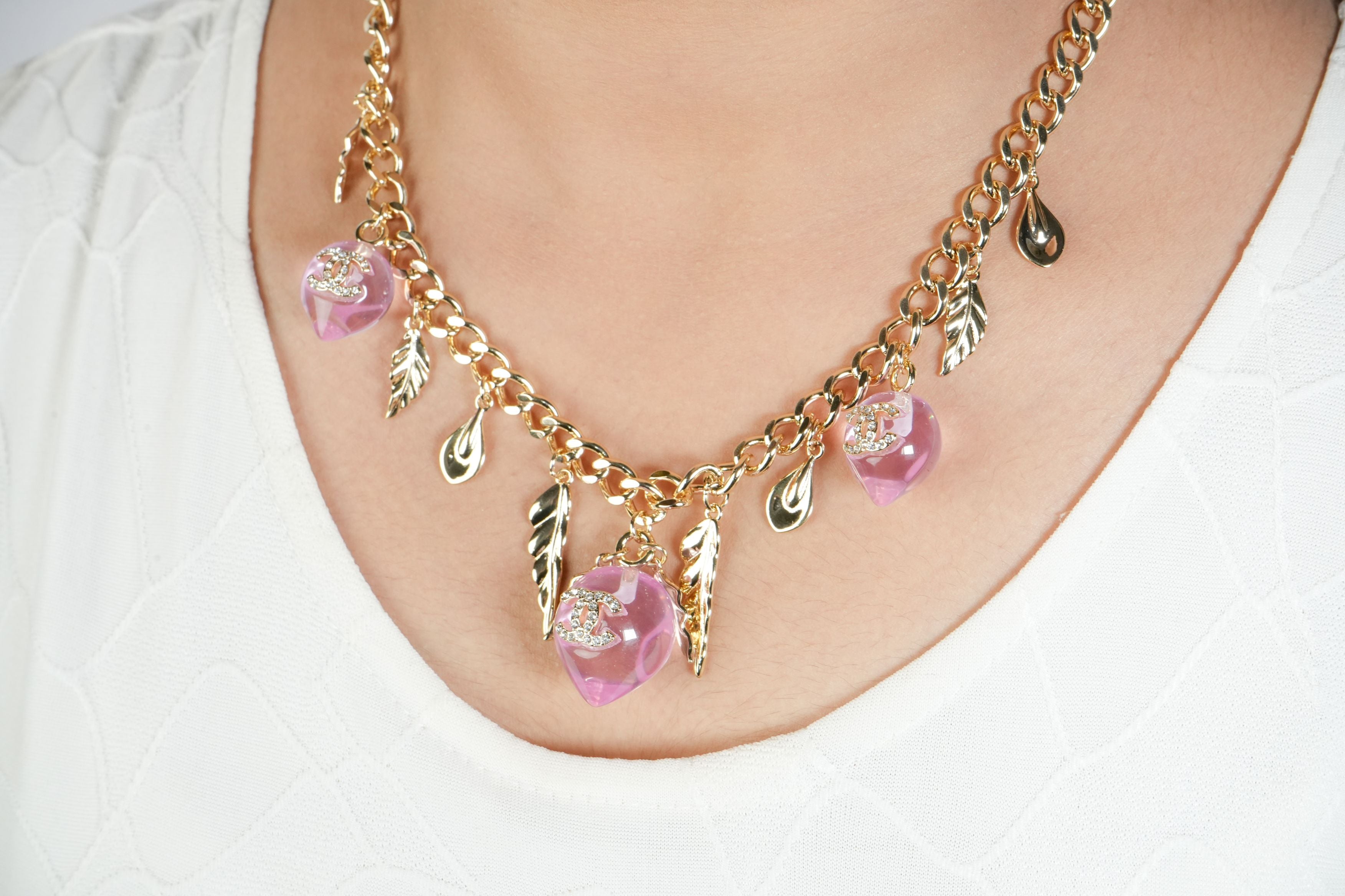 Double C Pink Drop Feather Charms Link Chain in Pale Gold | Luxury Fashion Necklace