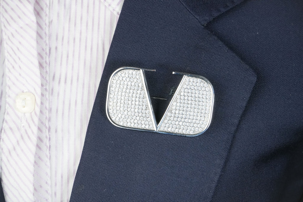 Alphabet V Platinum Plated Brooch with CZ Stones | Elegant Letter Pin