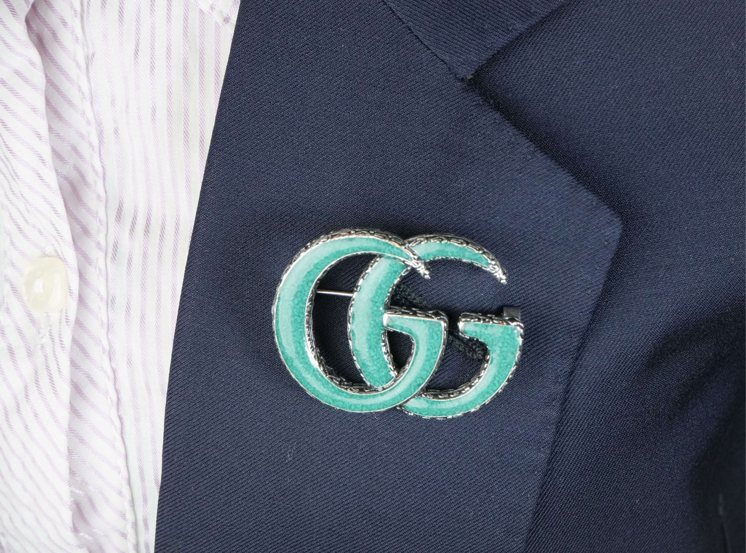 Antique Silver Double G Green Enamel Brooch Pin | Luxury Designer Style Fashion Jewelry