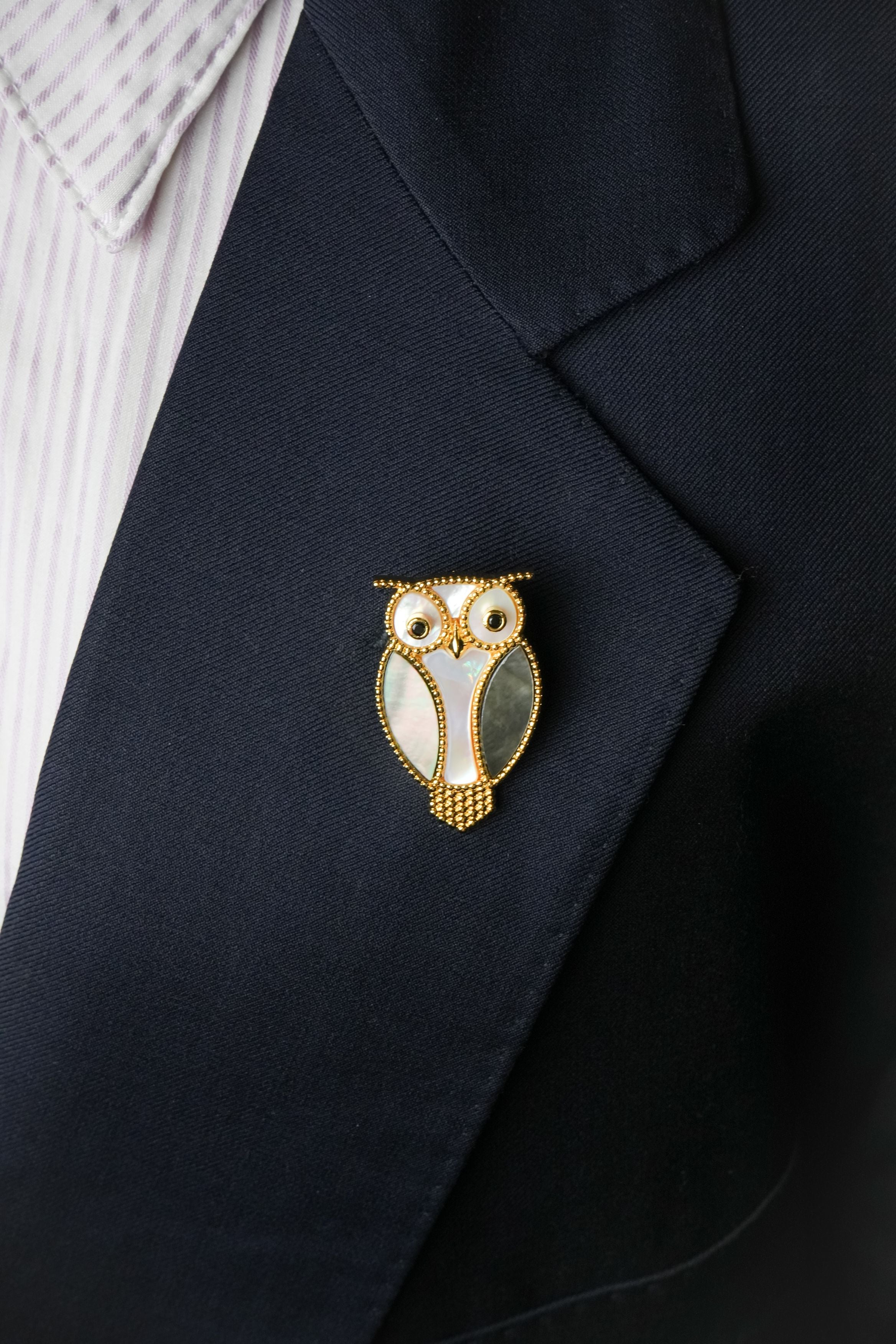 Alphabet VCA White Grey MOP Owl Brooch | Mother of Pearl Bird Fashion Pin