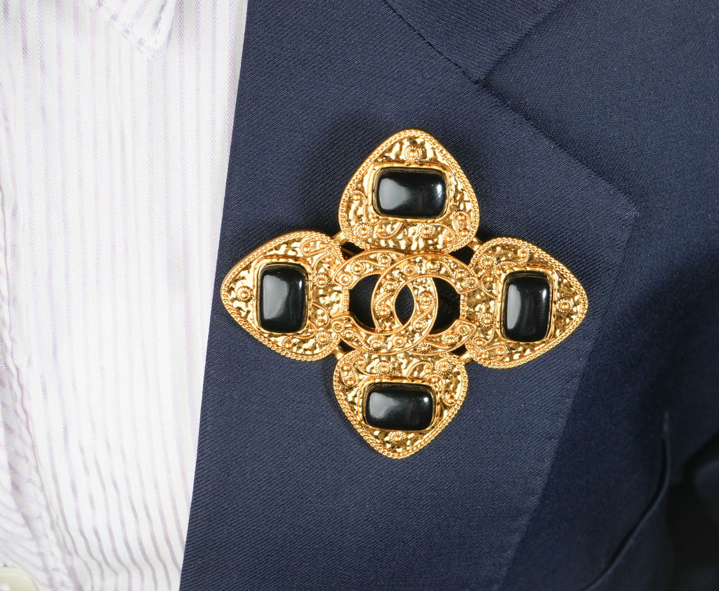 Antique Gold Double C Black Stone Brooch | Designer Inspired Fashion Pin