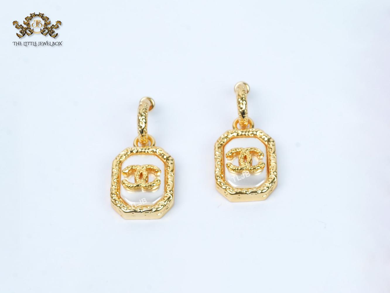 Double C gold foil and white enamel dangles