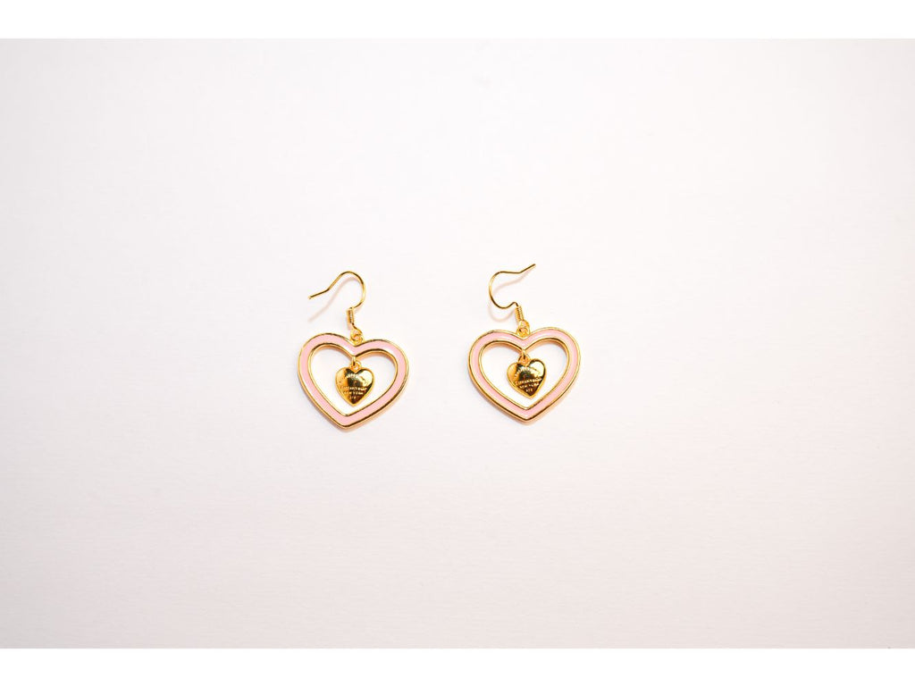 Gold and Pink Double Heart Drop Earrings
