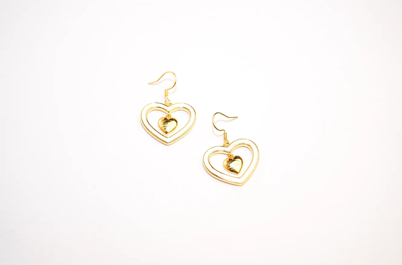 Gold and white Double Heart Drop Earrings