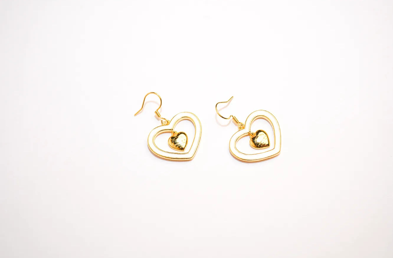Gold and white Double Heart Drop Earrings