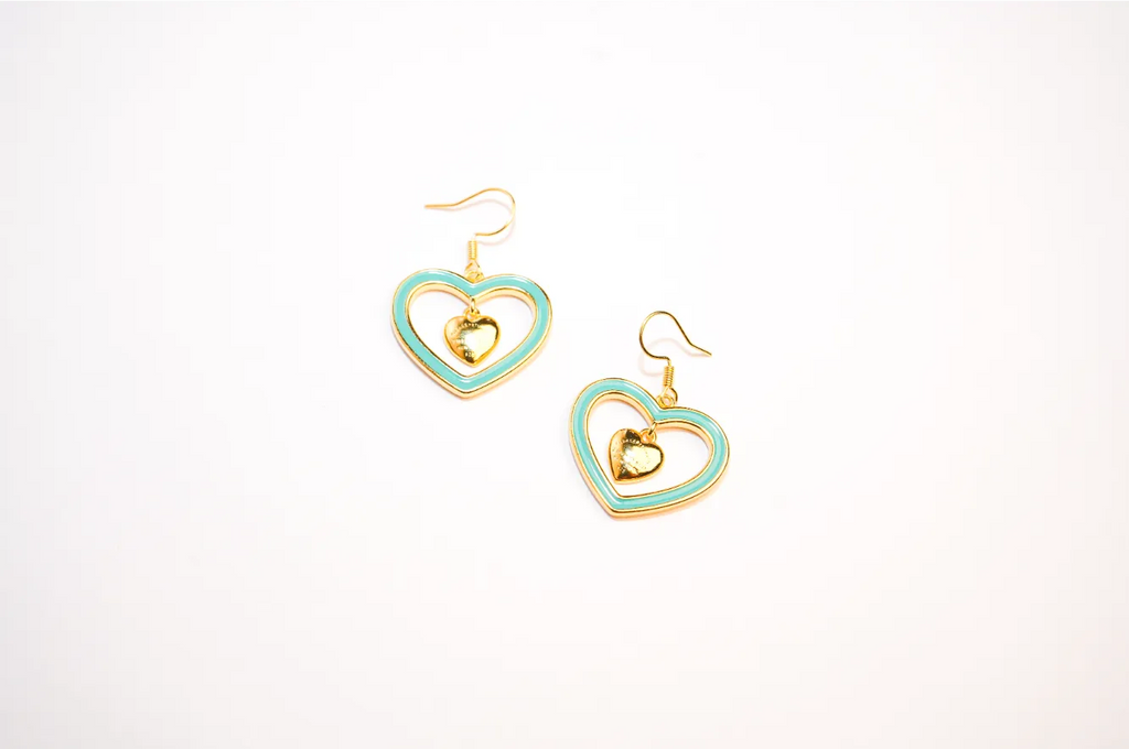 Gold and Turquoise Double Heart Drop Earrings