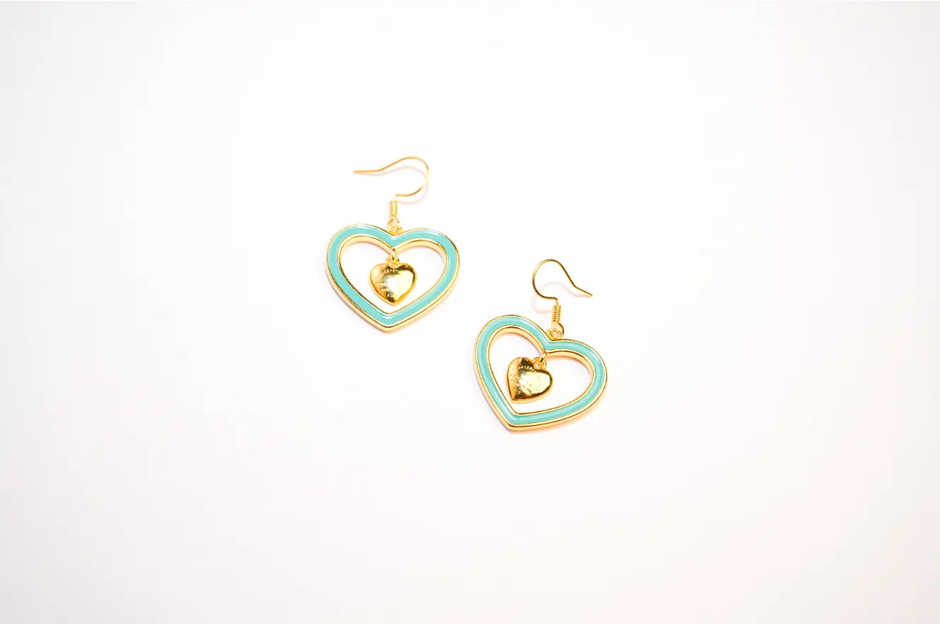Gold and Turquoise Double Heart Drop Earrings