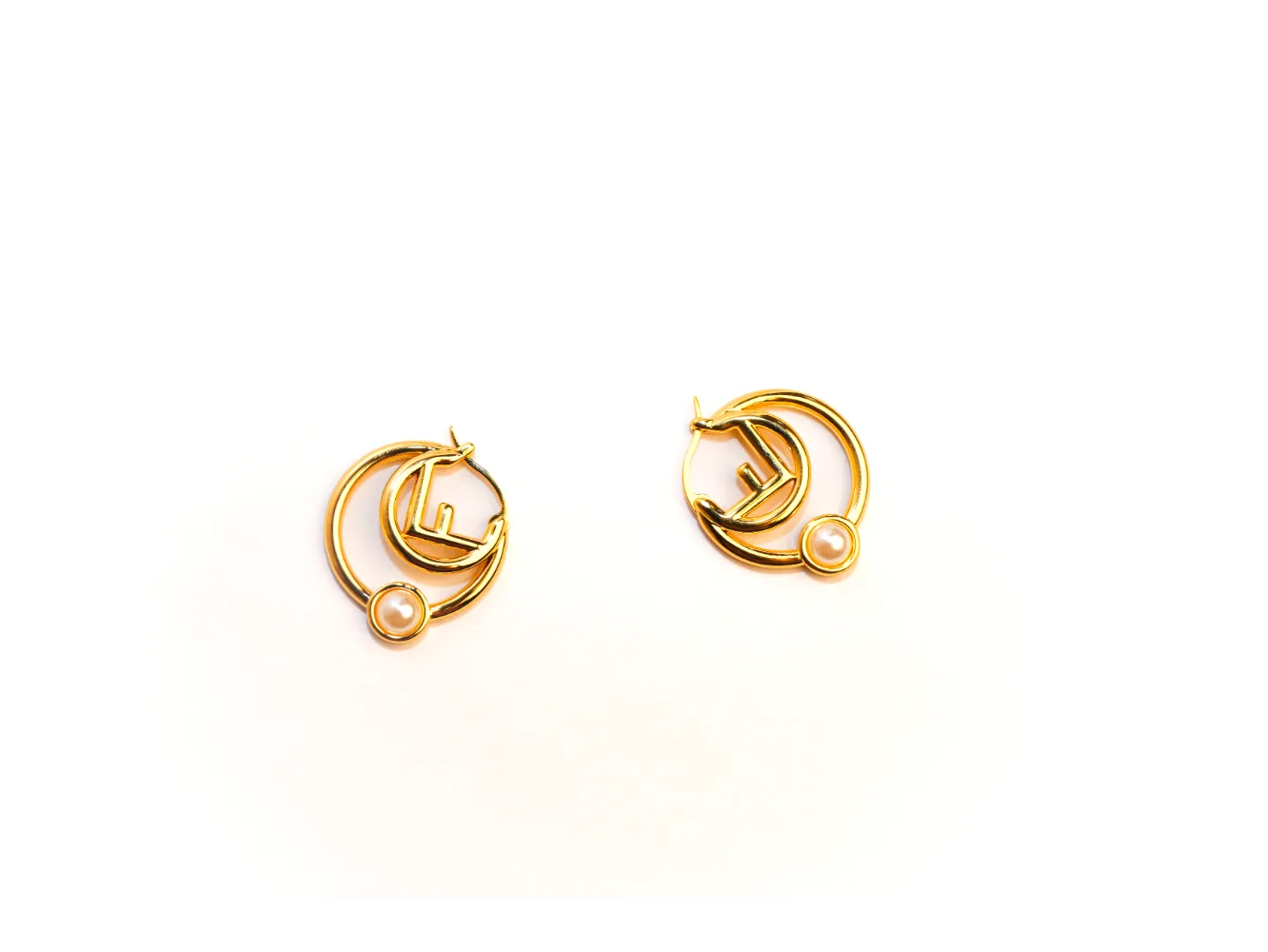 Gold Plated Alphabet F Pearl Hoop Earrings