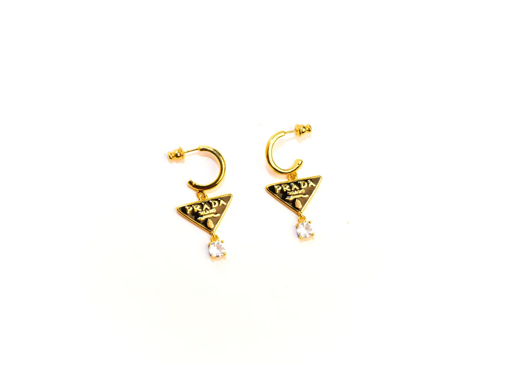 Black and Gold Triangle Stone Drop Earrings
