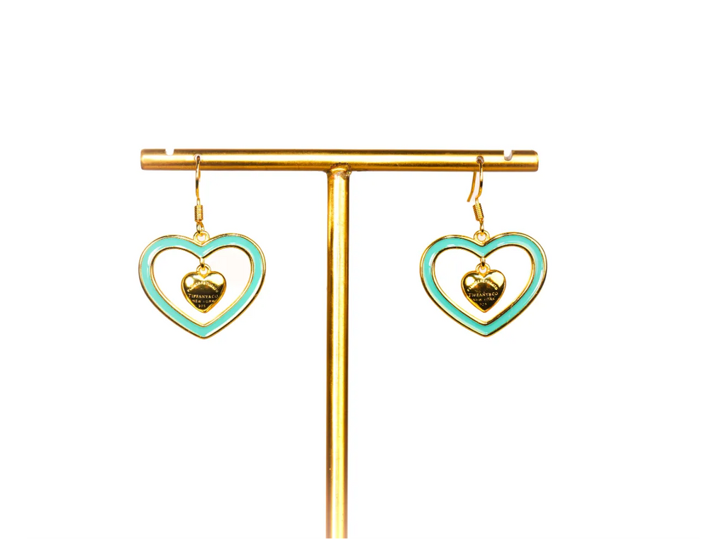 Gold and Turquoise Double Heart Drop Earrings