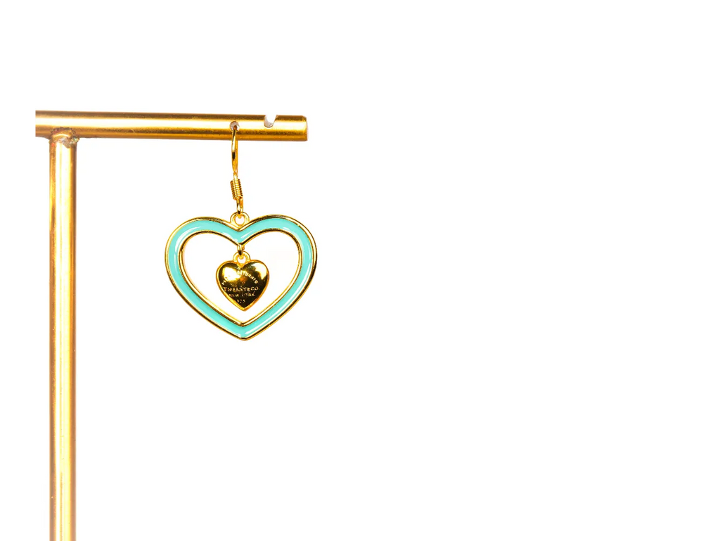 Gold and Turquoise Double Heart Drop Earrings