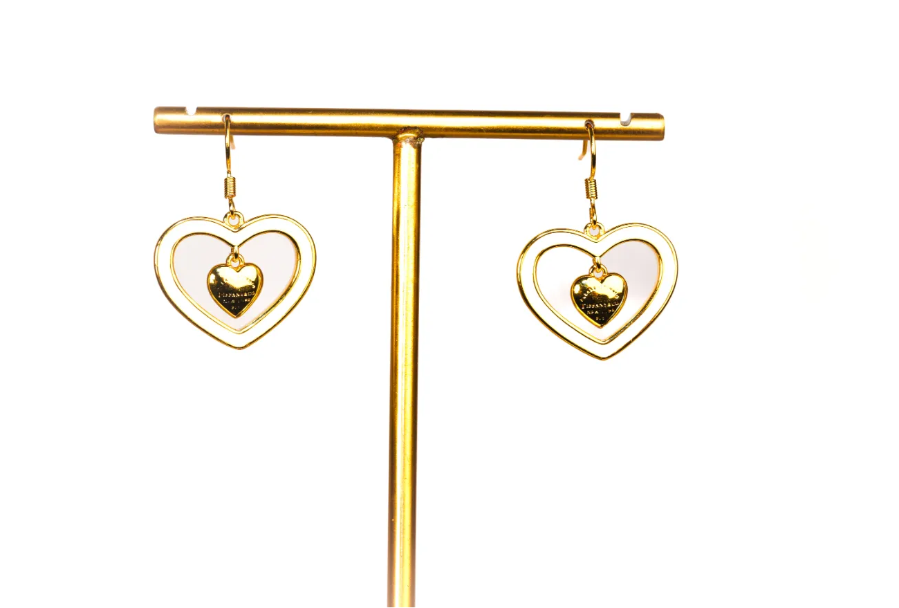 Gold and white Double Heart Drop Earrings