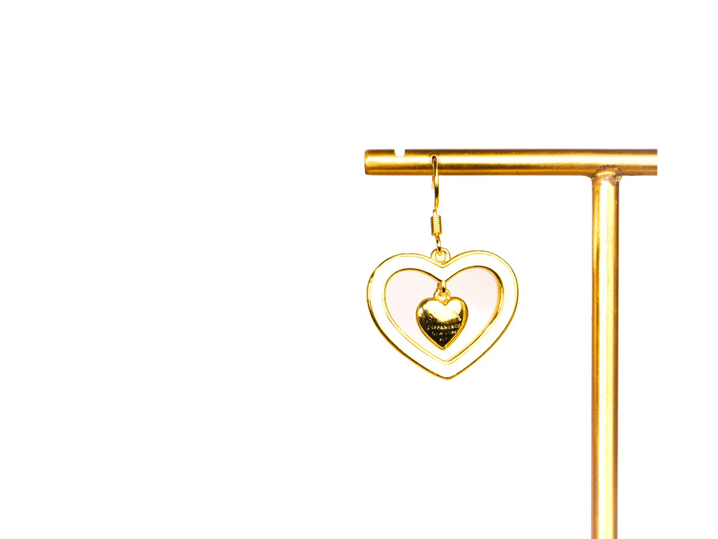 Gold and white Double Heart Drop Earrings