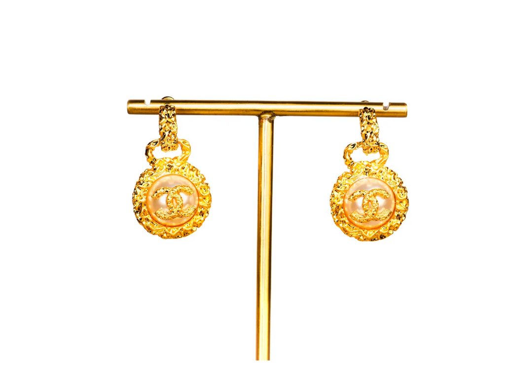 Gold Double C Vintage Pearl Medallion Earrings
