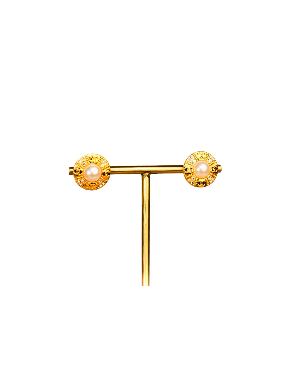 Gold Pearl and CZ Round Stud Earrings