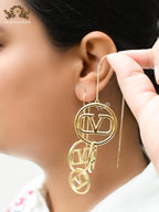 Alphabet V double ring and chain gold earrings