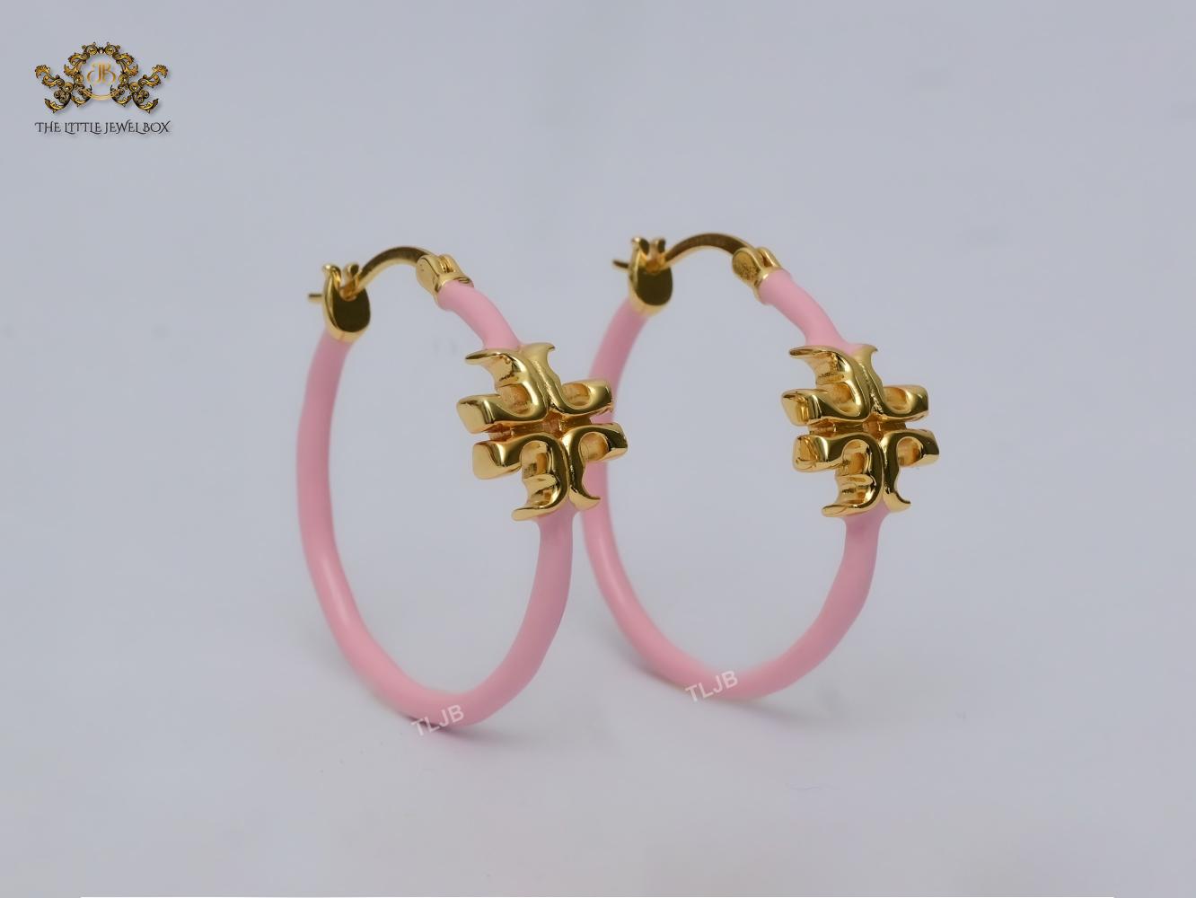 Alphabet T gold and baby pink enamel hoops