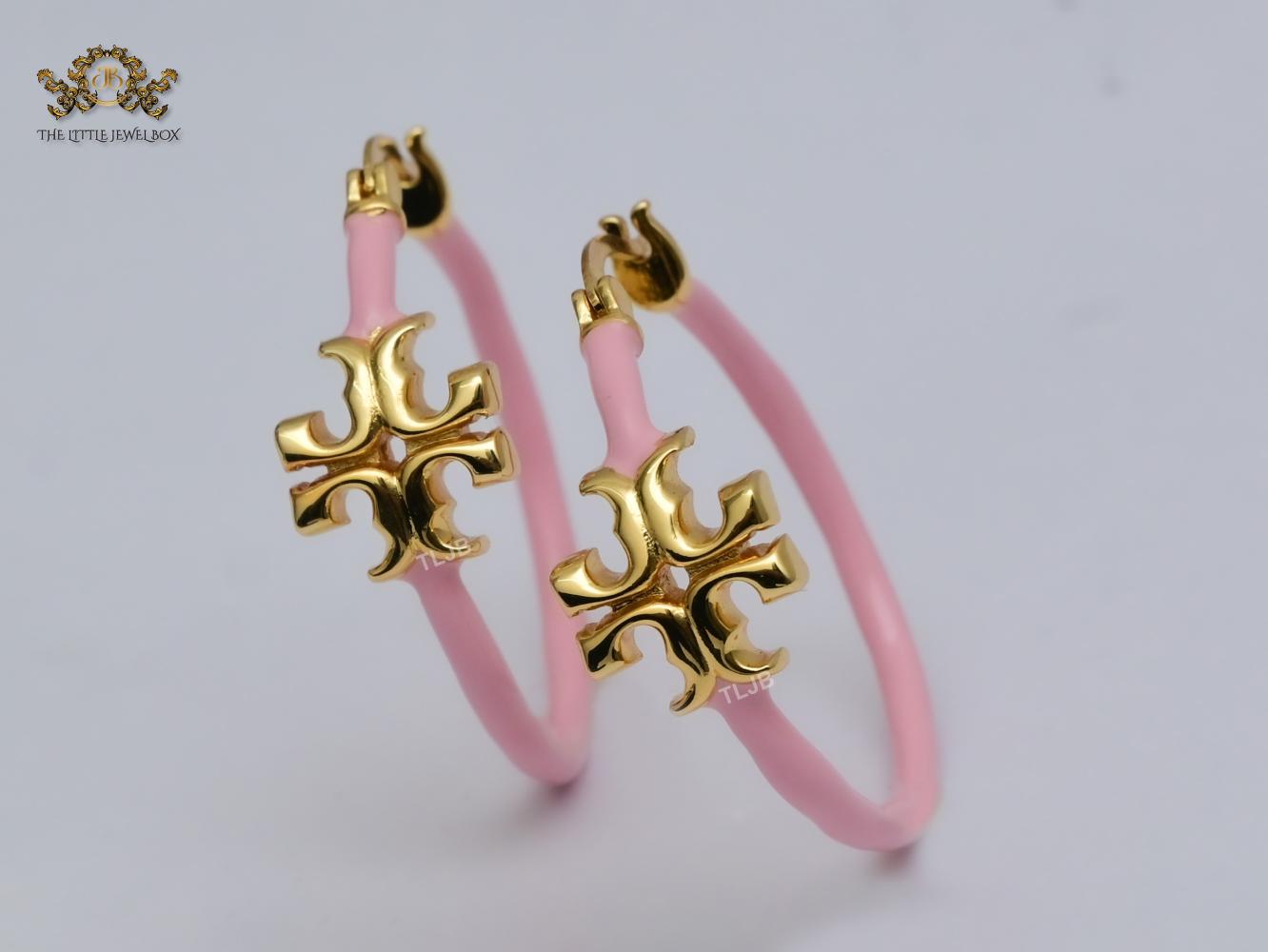 Alphabet T gold and baby pink enamel hoops
