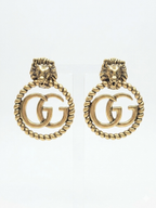 Antique Gold Plated Lion Head Double G round Earrings