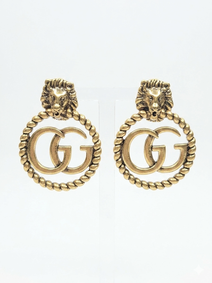 Antique Gold Plated Lion Head Double G round Earrings