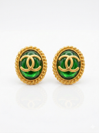 Matt Gold Plated Green Oval Double C Stud Earrings