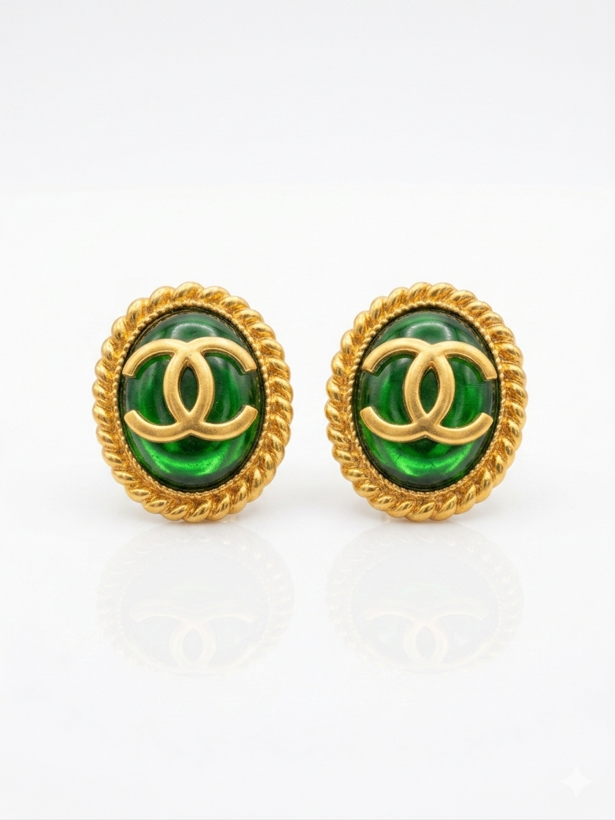 Matt Gold Plated Green Oval Double C Stud Earrings