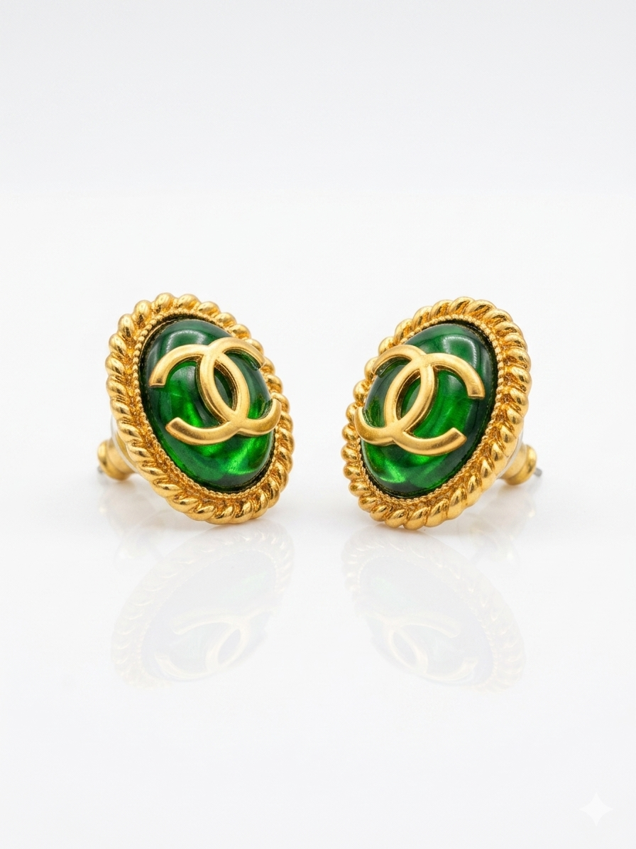 Matt Gold Plated Green Oval Double C Stud Earrings