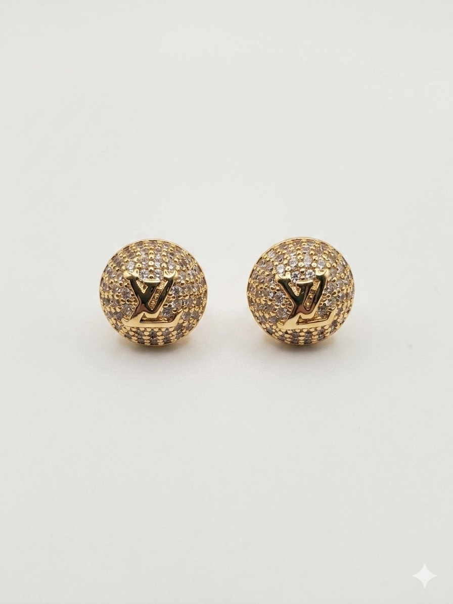 Alphabet L V Gold Plated CZ Round Stud Earrings