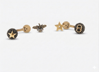 Antique Gold Plated CD Style Bee & Star Asymmetrical Drop Earrings with black diamond balls