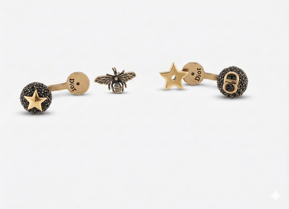 Antique Gold Plated CD Style Bee & Star Asymmetrical Drop Earrings with black diamond balls