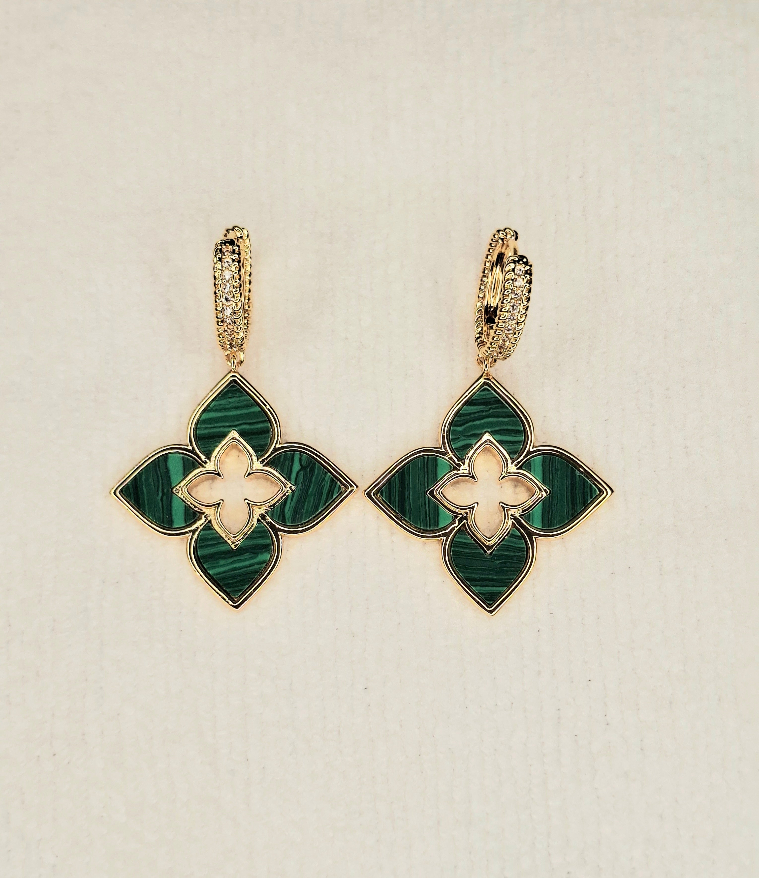 Alphabet RC Gold Plated Green  Plain Clover Drop Earring