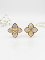Alphabet RC Gold Plated White  Petal Stud Earrings with CZ Accents