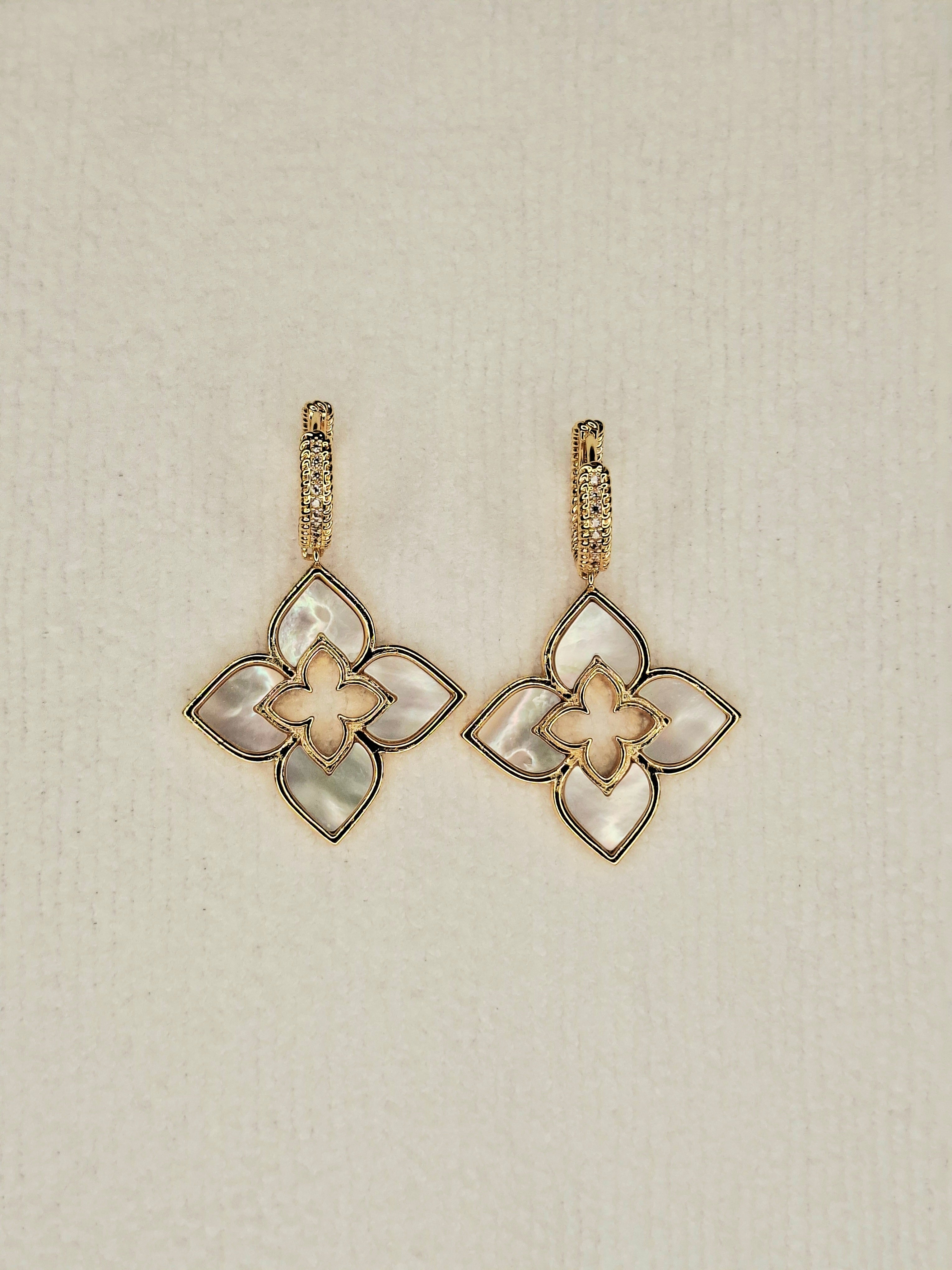 Alphabet RC Gold Plated White  plain Clover Drop Earring