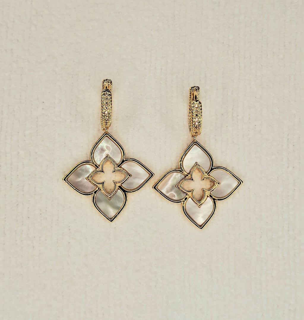 Alphabet RC Gold Plated White  plain Clover Drop Earring