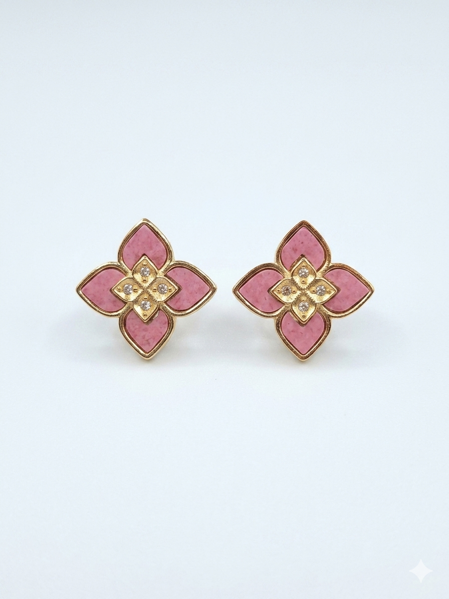Alphabet RC Gold Plated Pink  Petal  Stud Earrings with CZ Accents