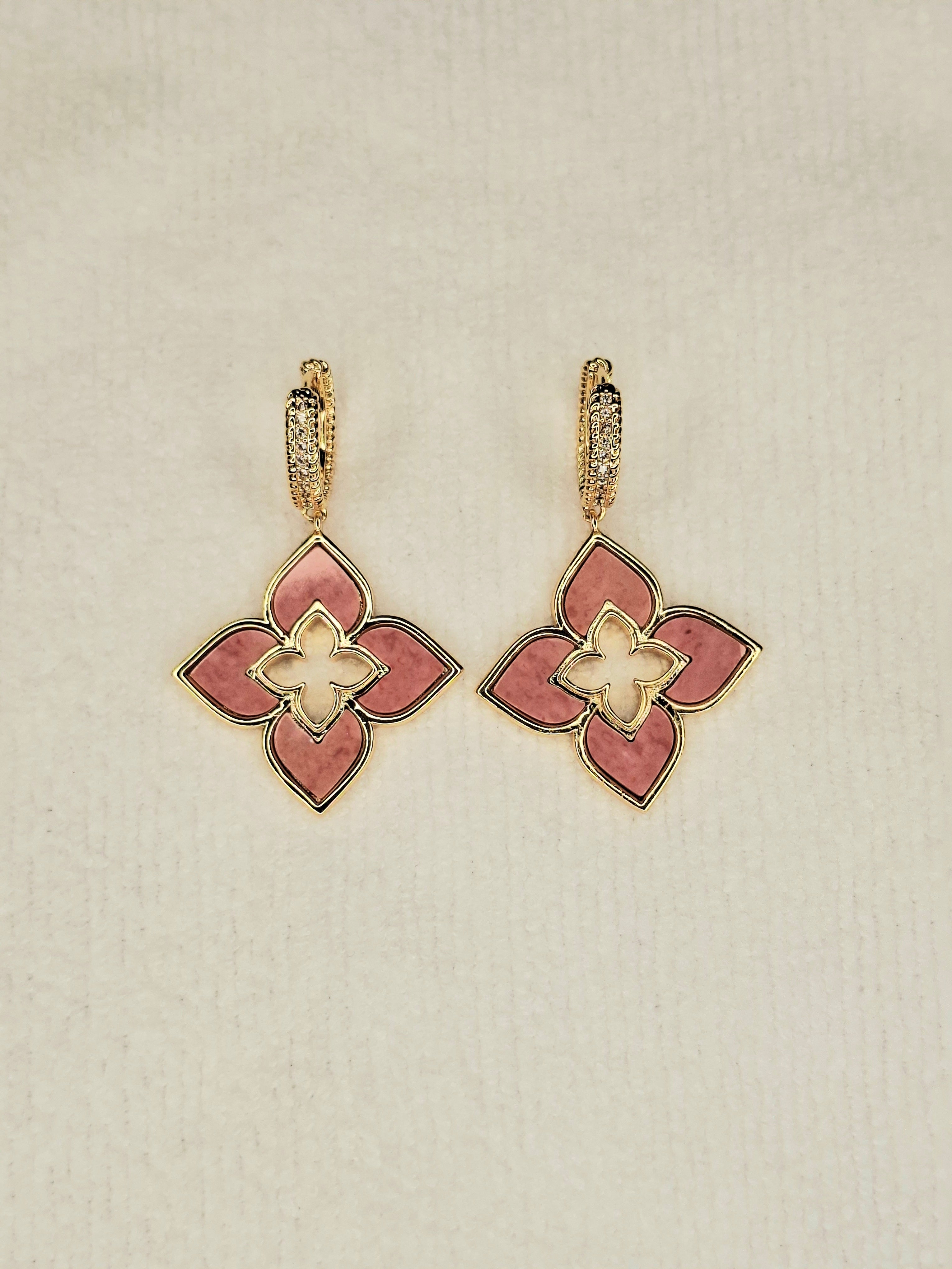 Alphabet RC Gold Plated Pink Plain  Clover Drop Earring